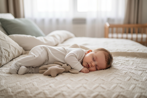 Baby sleeping on the bed with smile