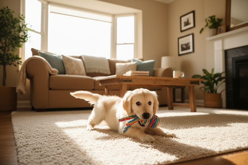 pet puppy playing in home with toy in mouth